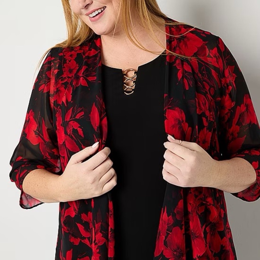 R & K Originals Womens Red Floral Faux-Jacket Dress NWT 20W - Picture 3 of 5